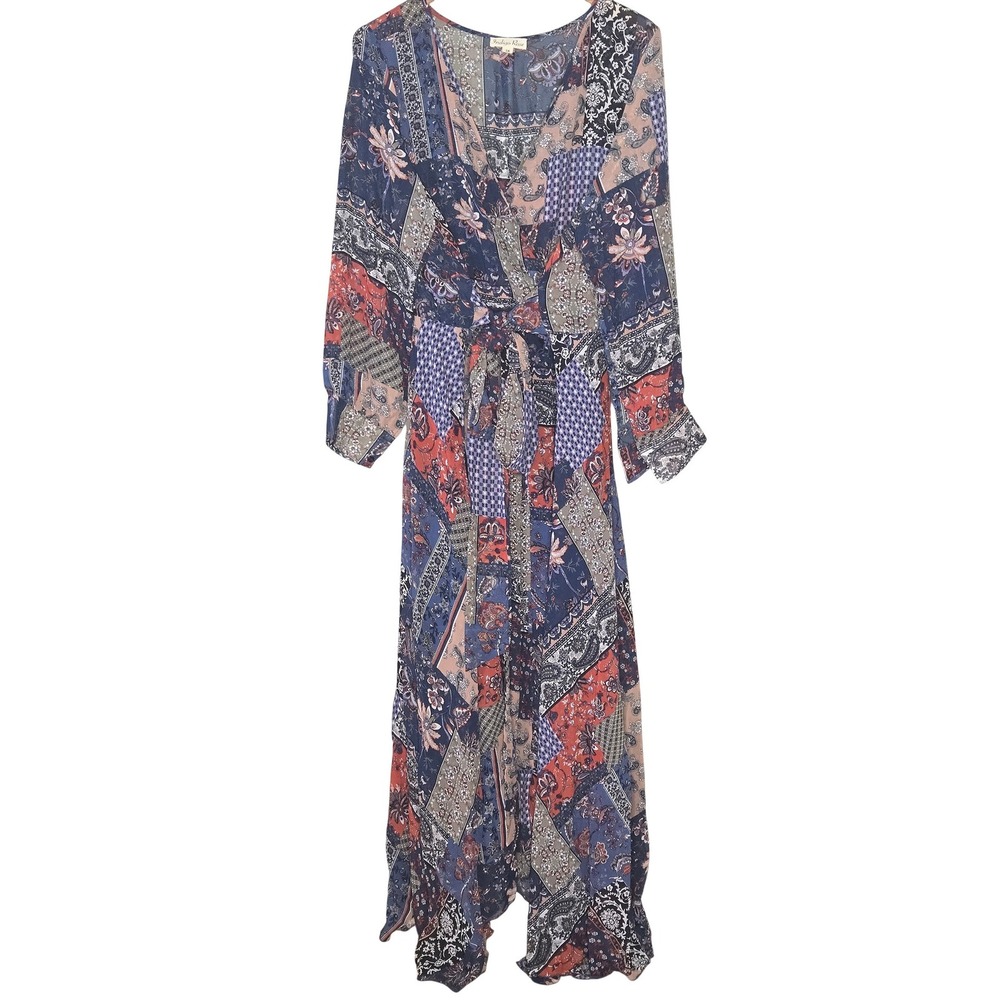 Indigo Rose Womens 3X Patchwork Paisley Floral Maxi Dress Long Sleeve Boho Blue